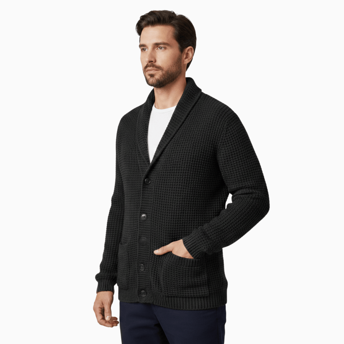 Kent Camden Black / M CLARK Wool Cardigan, Collared Neck, Button Closure