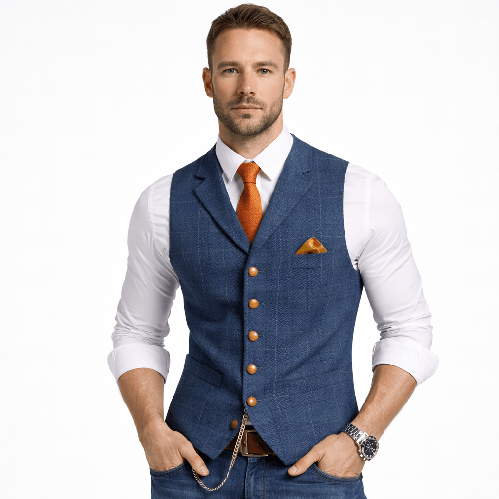 Kent Camden Blue / S RICK Casual Plaid Vest, V-neck, Button Closure