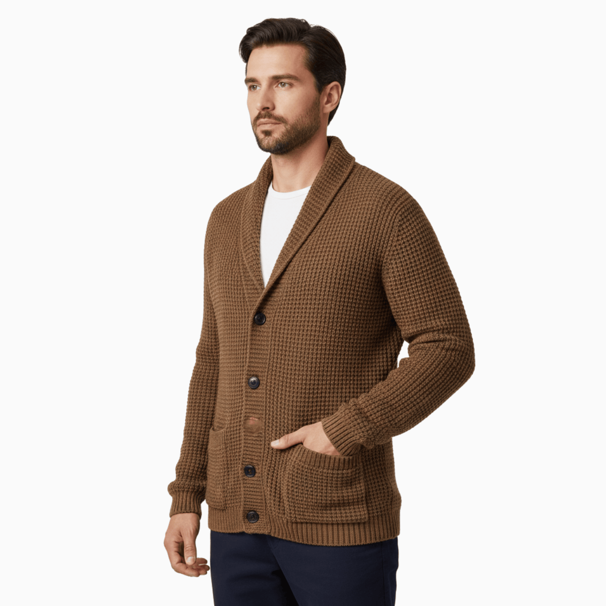 Kent Camden Brown / M CLARK Wool Cardigan, Collared Neck, Button Closure