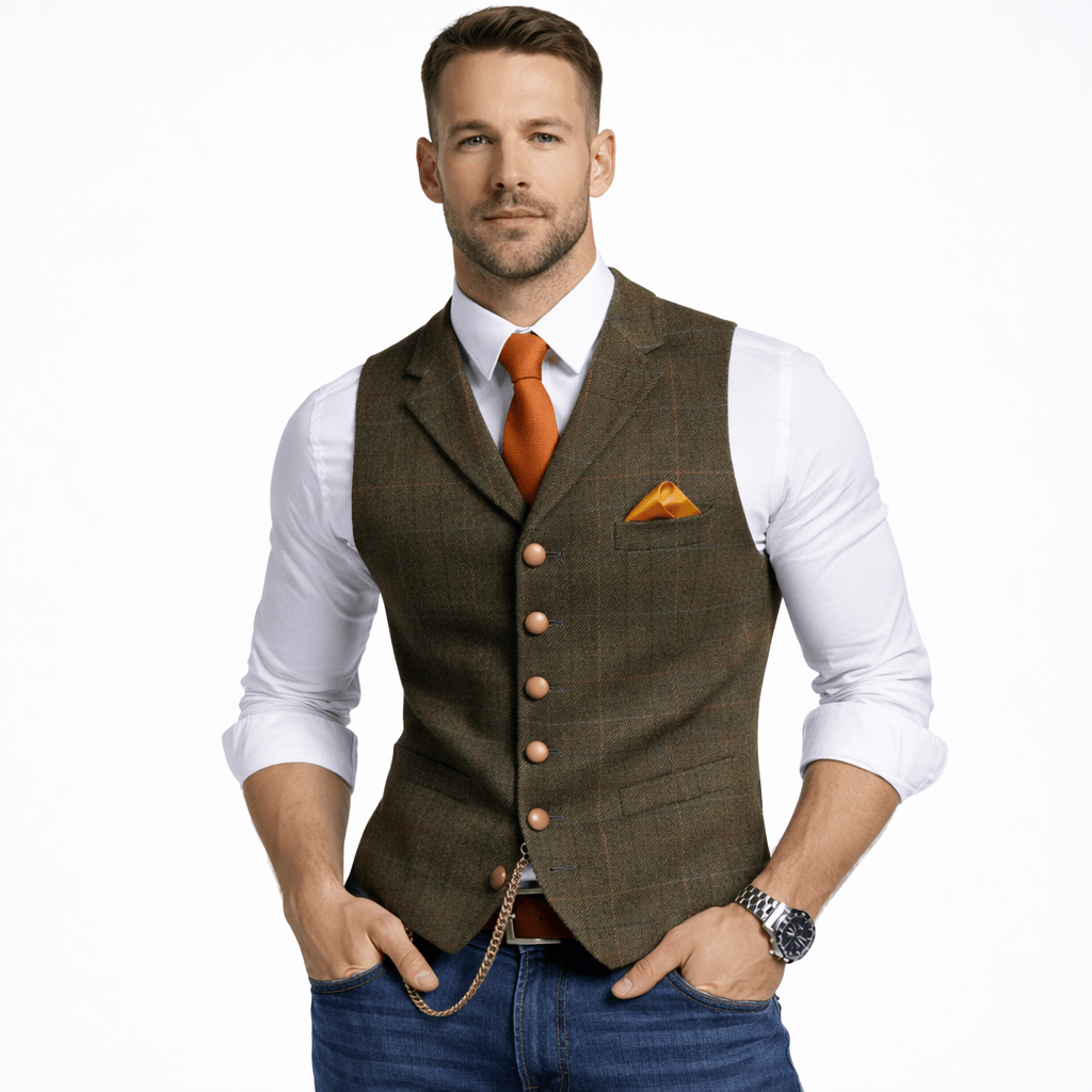 Kent Camden Brown / S RICK Casual Plaid Vest, V-neck, Button Closure