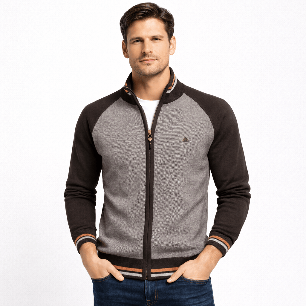 Kent Camden Brown / S SERGE Men's Zip-Up Cardigan, Square Collar, Cotton Lycra