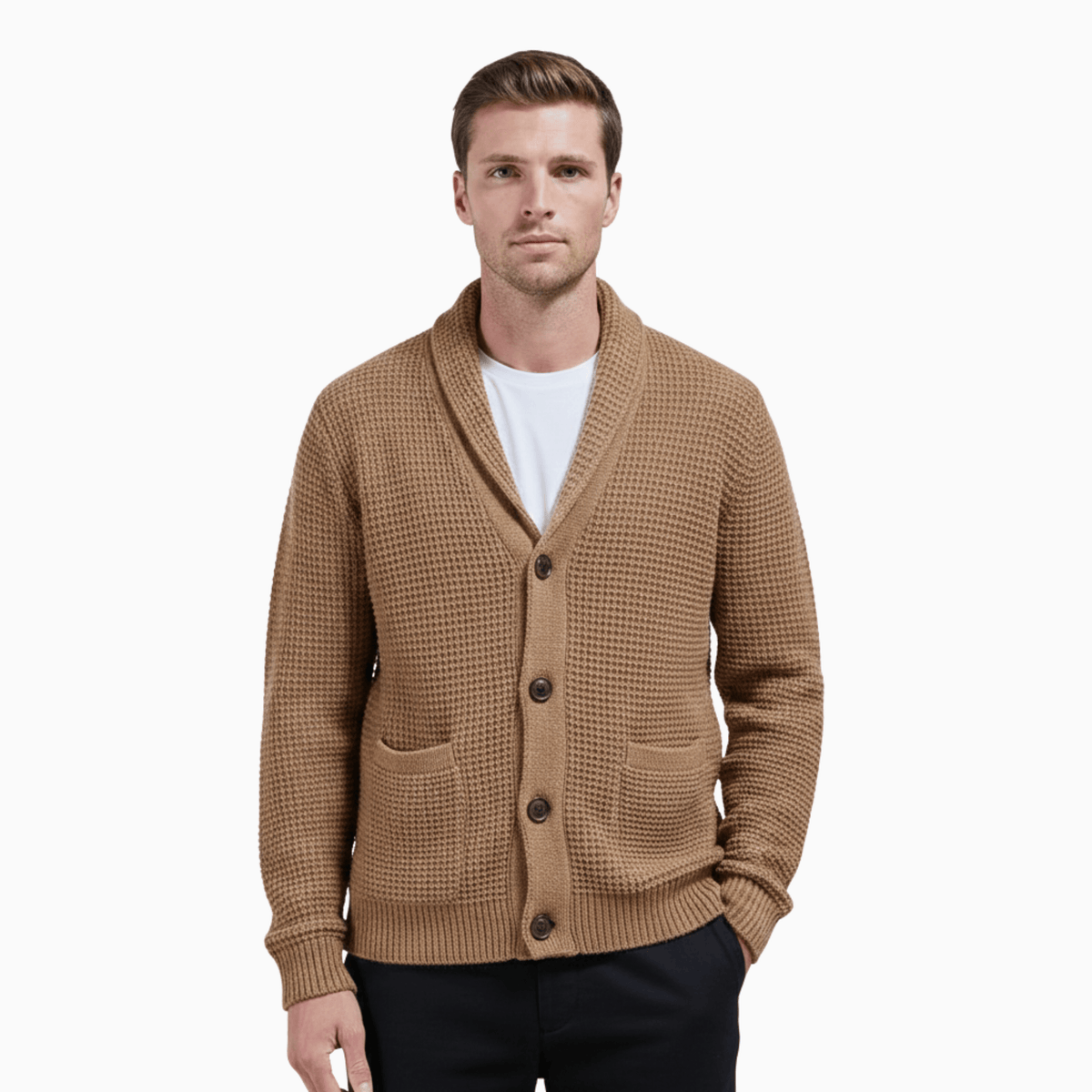Kent Camden Camel / M CLARK Wool Cardigan, Collared Neck, Button Closure