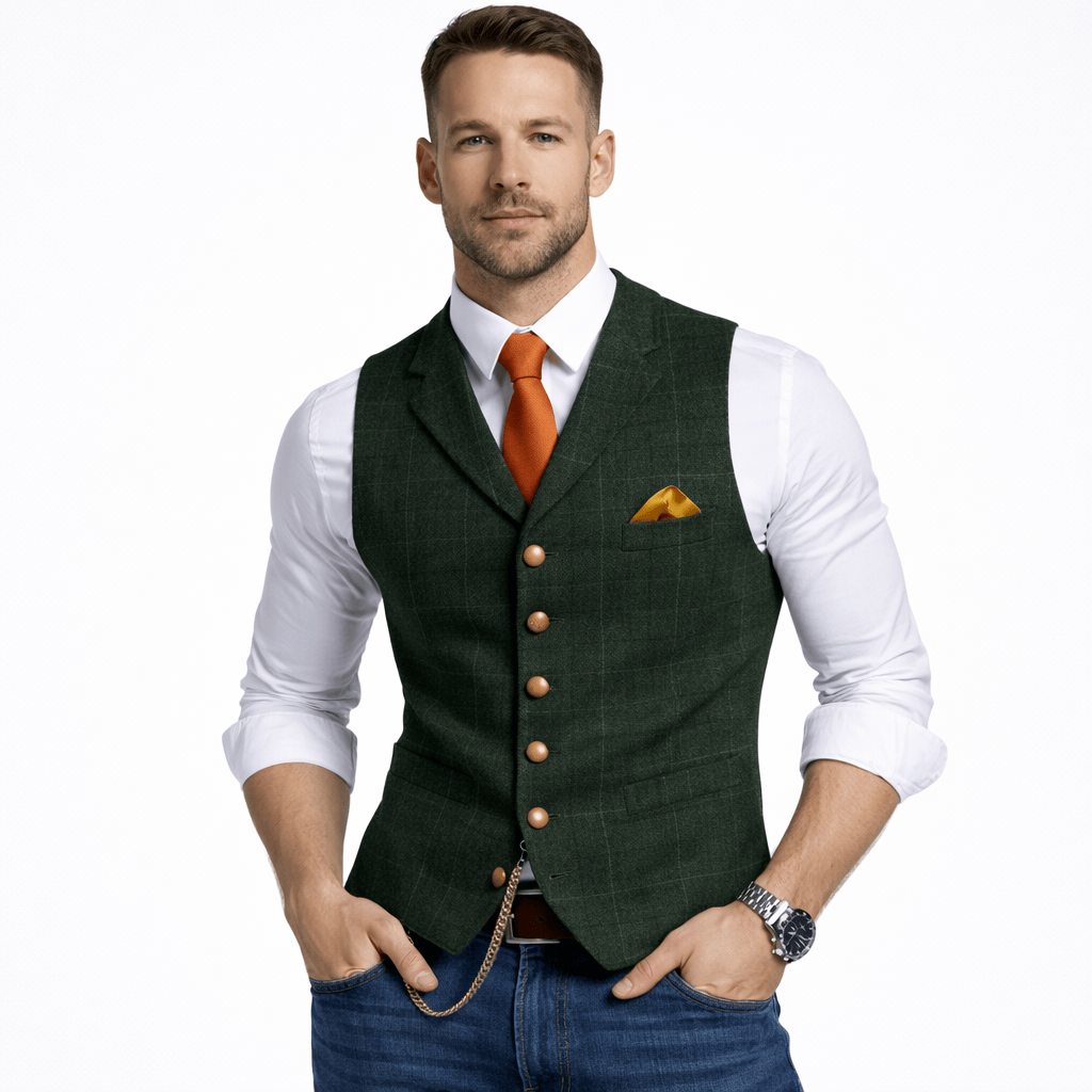 Kent Camden Dark Green / S RICK Casual Plaid Vest, V-neck, Button Closure
