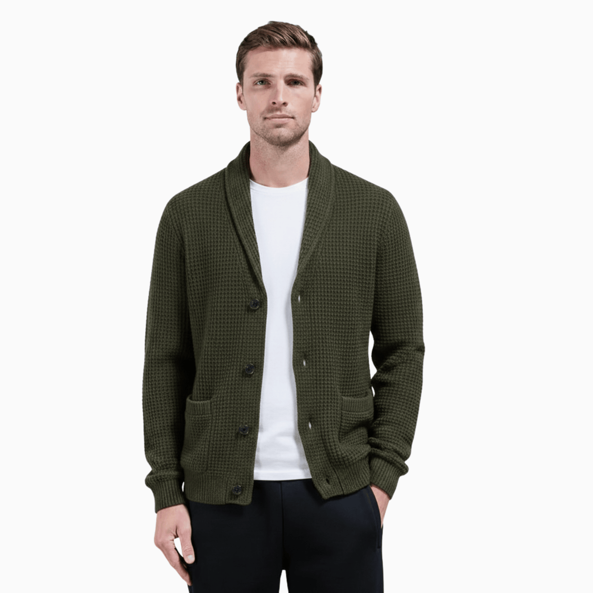 Kent Camden Emerald Green / M CLARK Wool Cardigan, Collared Neck, Button Closure