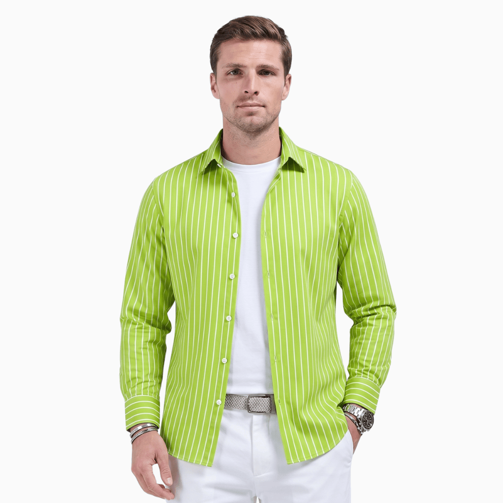 Kent Camden Green / S BROCK Casual Striped Shirt Folded Collar Polyester