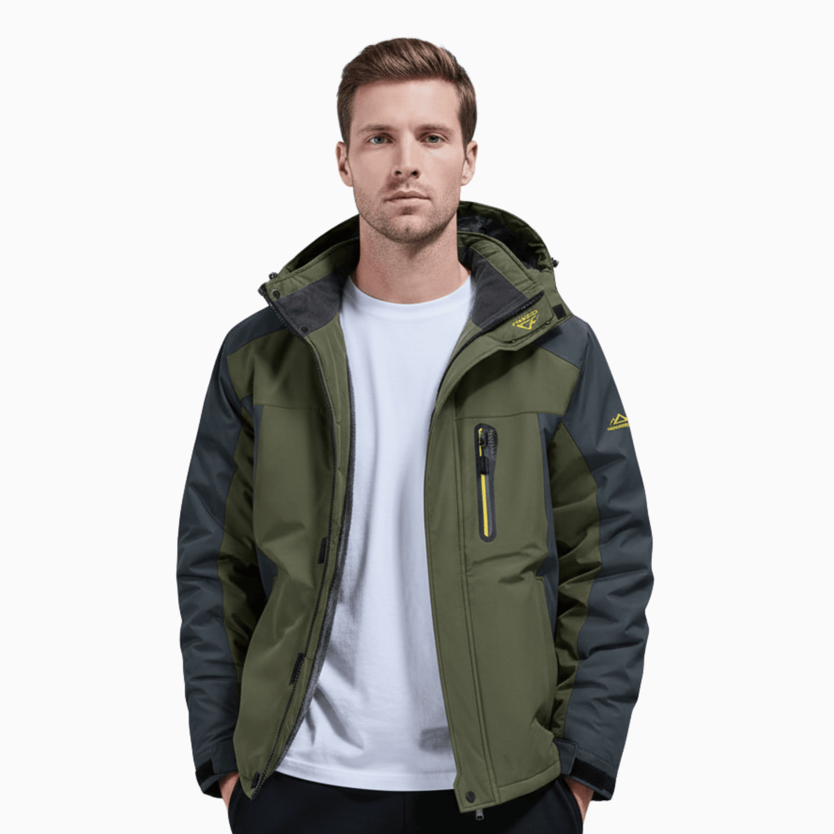 Kent Camden Green / S LEE Army Green Fleece Jacket, Detachable Hood, Zipper Closure