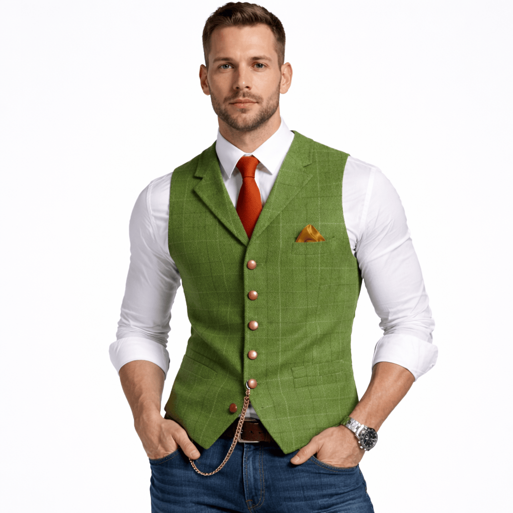 Kent Camden Green / S RICK Casual Plaid Vest, V-neck, Button Closure