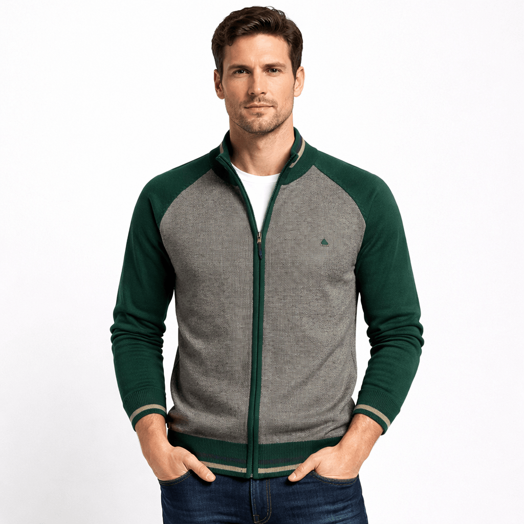 Kent Camden Green / S SERGE Men's Zip-Up Cardigan, Square Collar, Cotton Lycra