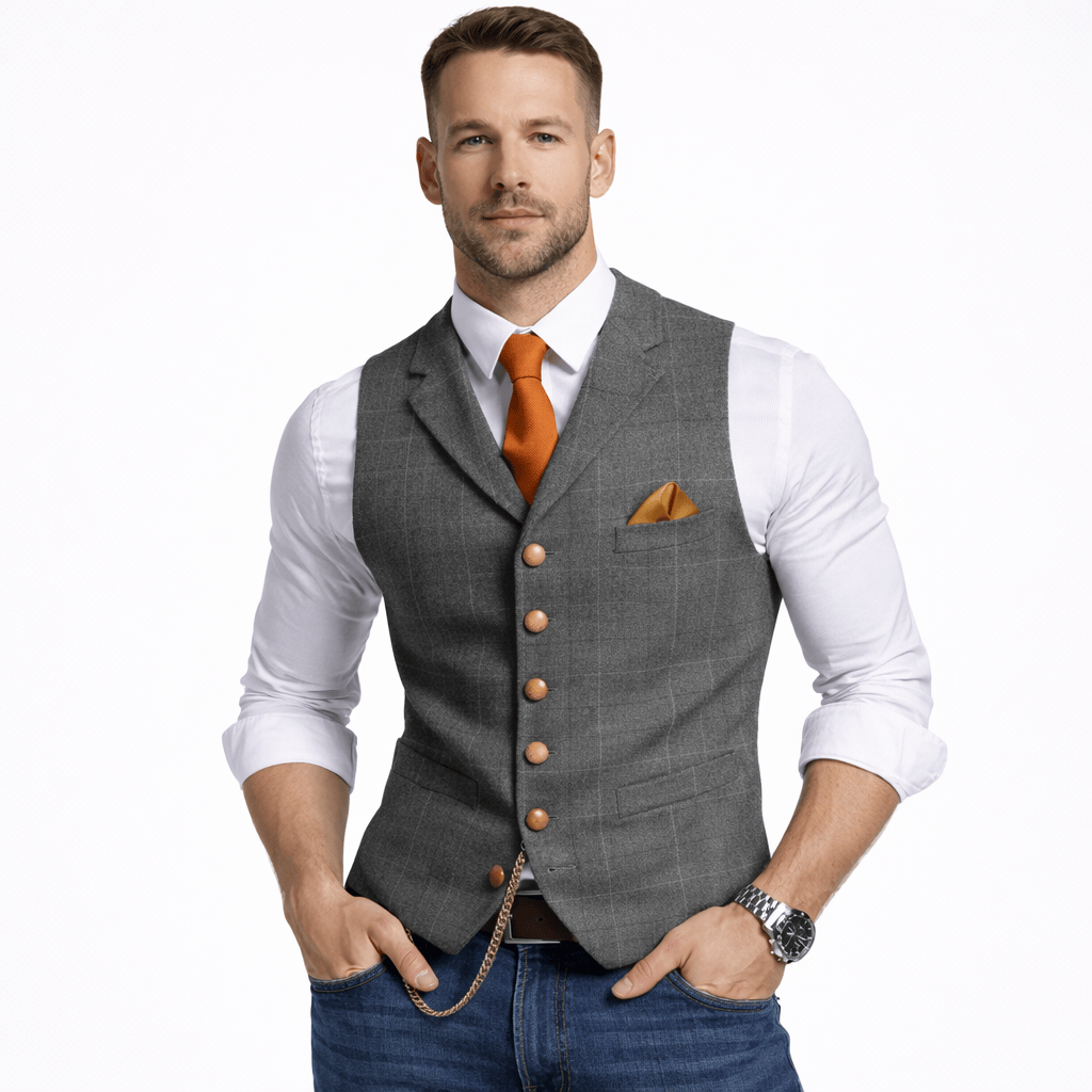 Kent Camden Grey / S RICK Casual Plaid Vest, V-neck, Button Closure