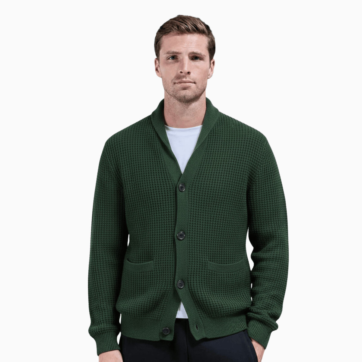 Kent Camden Moss Green / M CLARK Wool Cardigan, Collared Neck, Button Closure