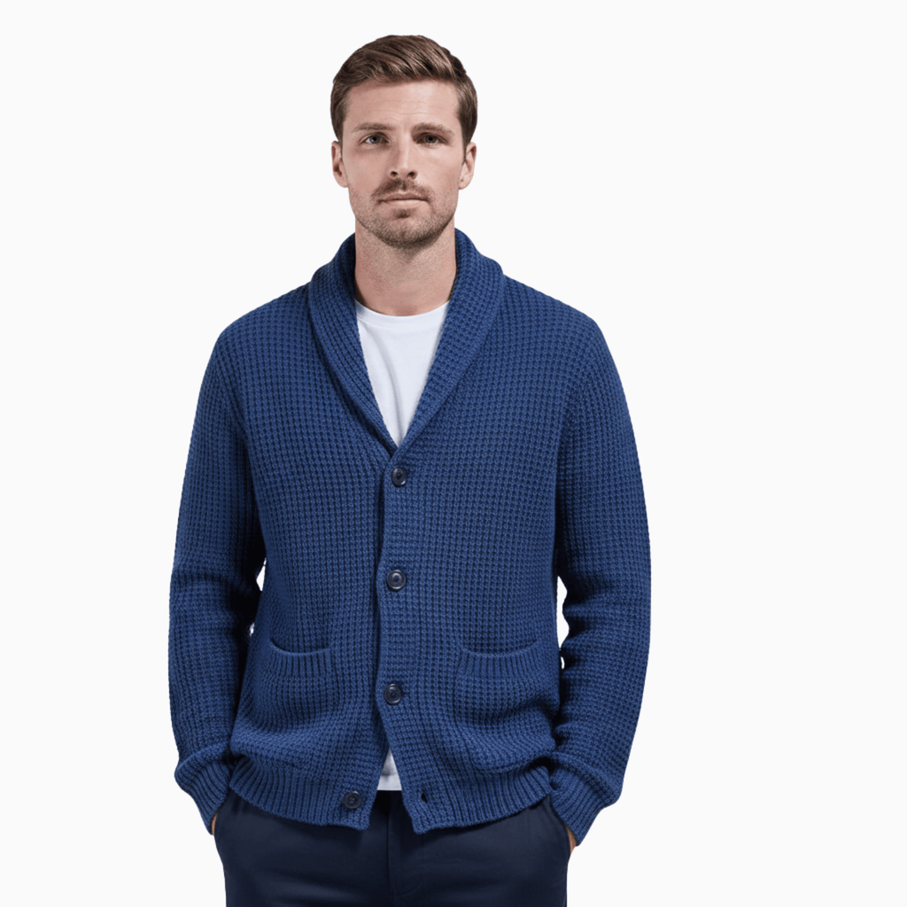 Kent Camden Ocean Blue / M CLARK Wool Cardigan, Collared Neck, Button Closure