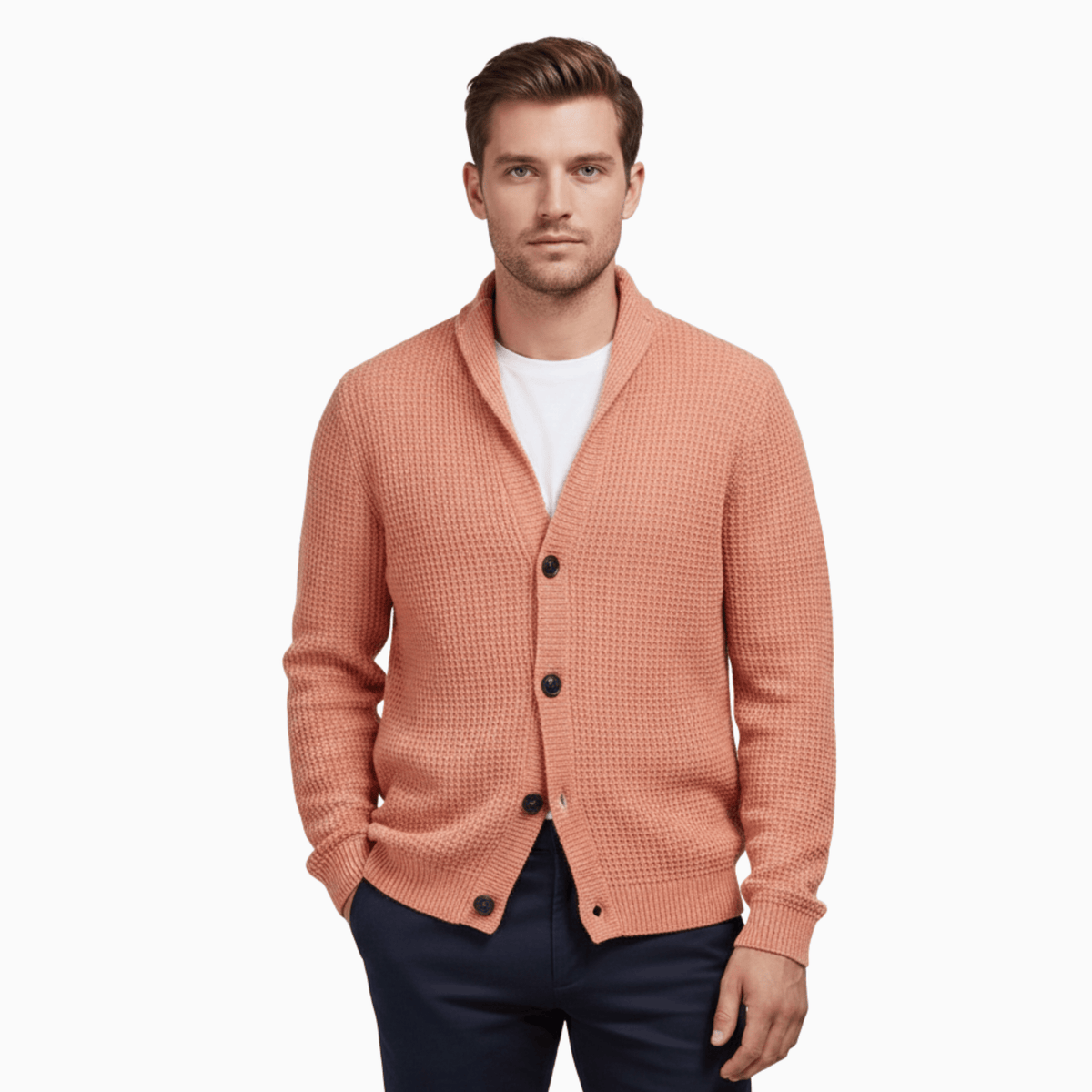 Kent Camden Salmon / M CLARK Wool Cardigan, Collared Neck, Button Closure