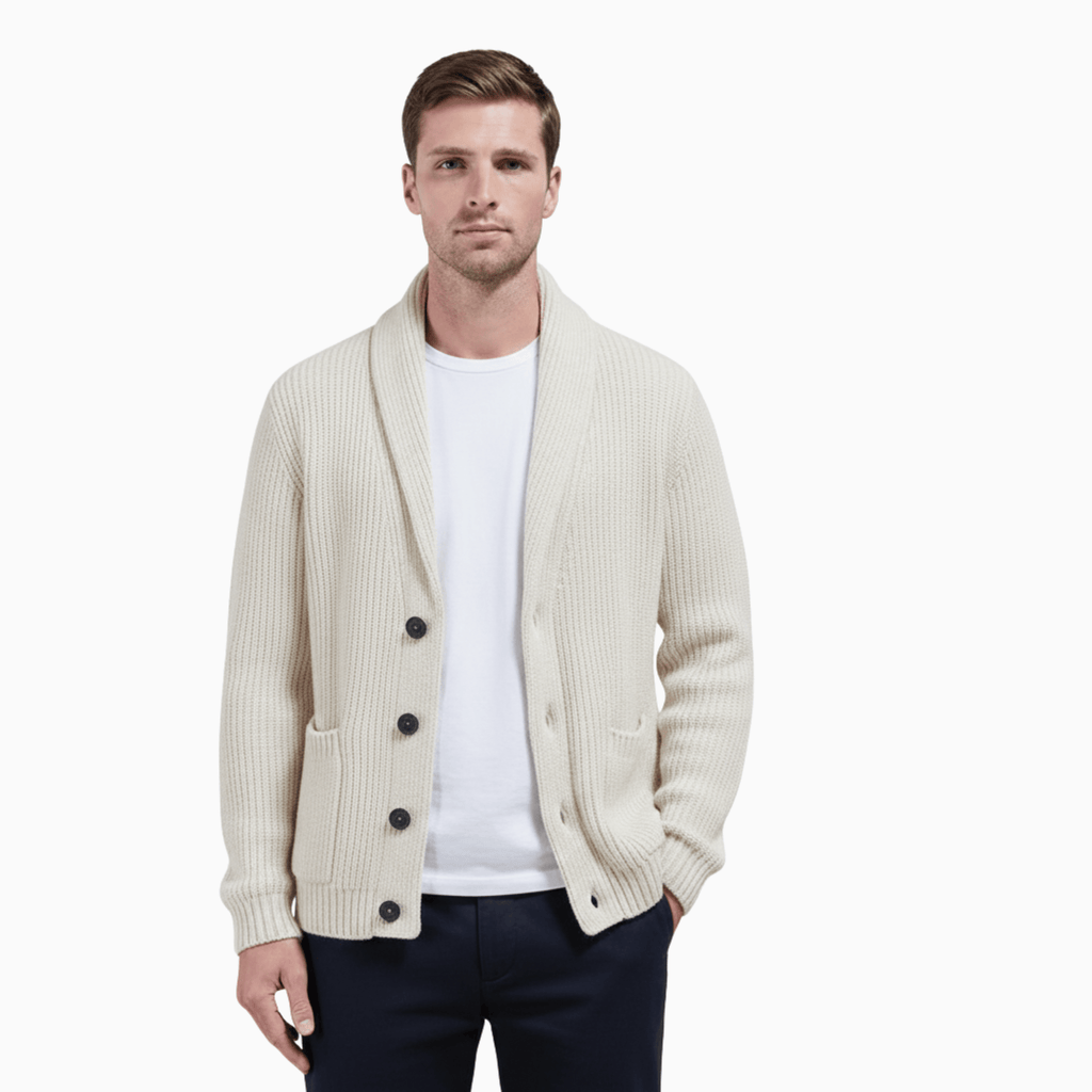 Kent Camden White / M CLARK Wool Cardigan, Collared Neck, Button Closure