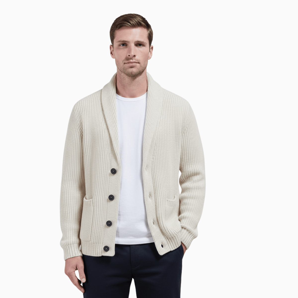 Kent Camden White / M CLARK Wool Cardigan, Collared Neck, Button Closure
